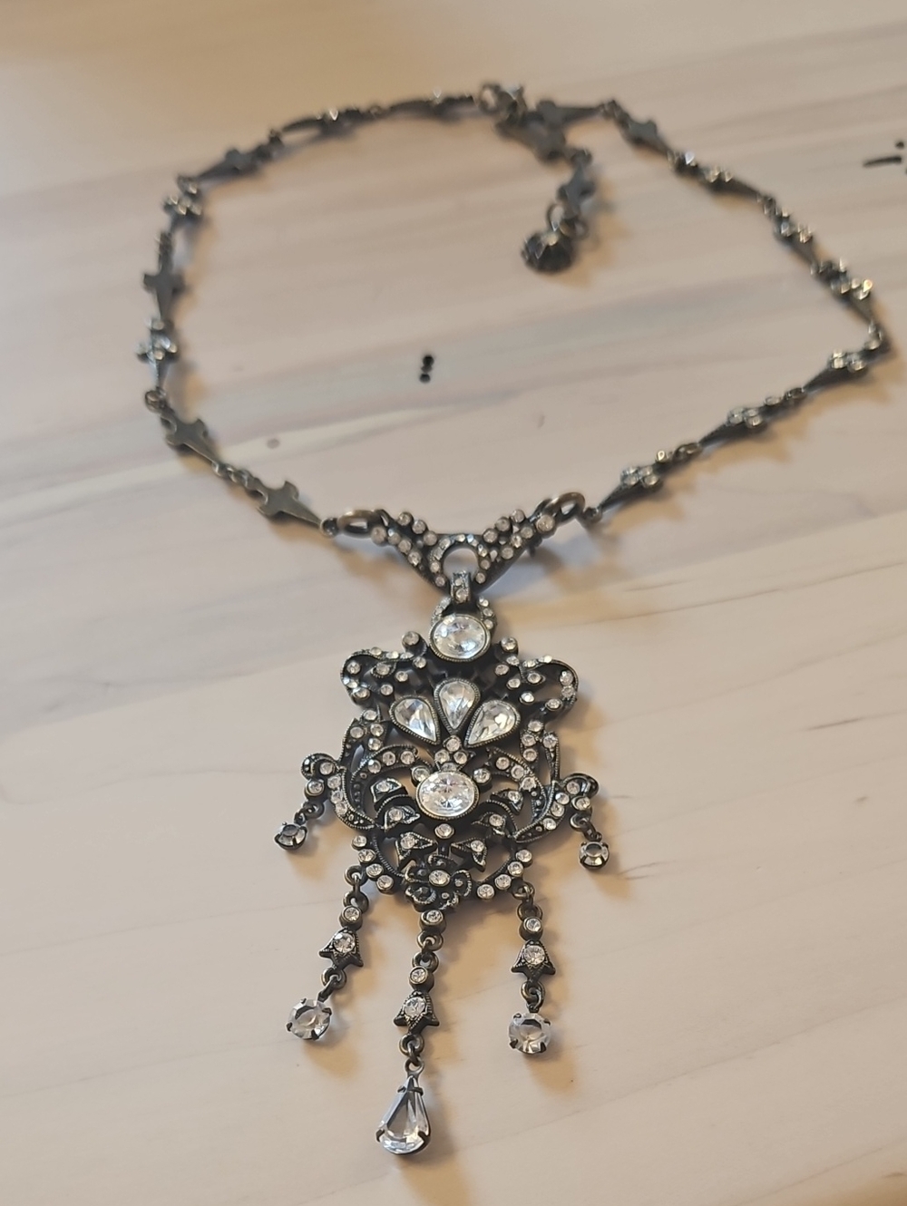 Sweet Romance Pin And Necklace Ornate Crystal Chandelier Necklace - Gunmetal